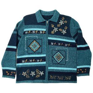 🍓VINTAGE BLUE ZIP UP SWEATER WITH EMBROIDERED FLOWERS🍓
